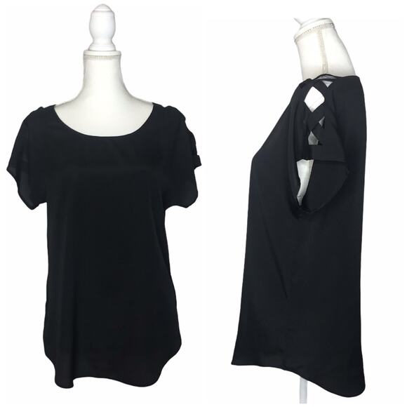 Express Women’s Black Scoop Lattice Cold Shoulder Dolman Sleeve Blouse Small - Picture 1 of 6